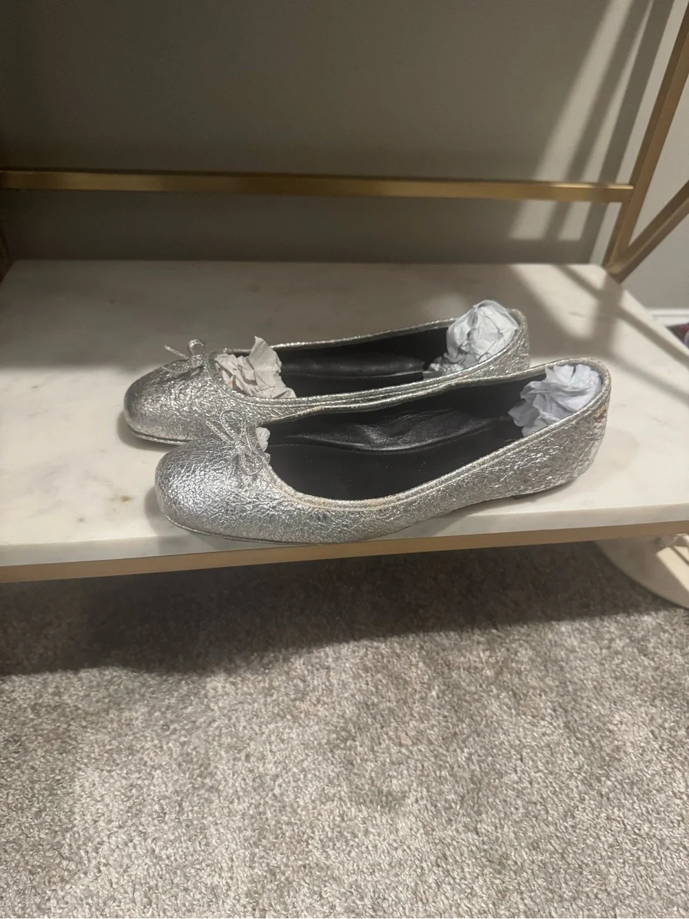 Tory Burch Metallic Silver Ballet Flats with Bow